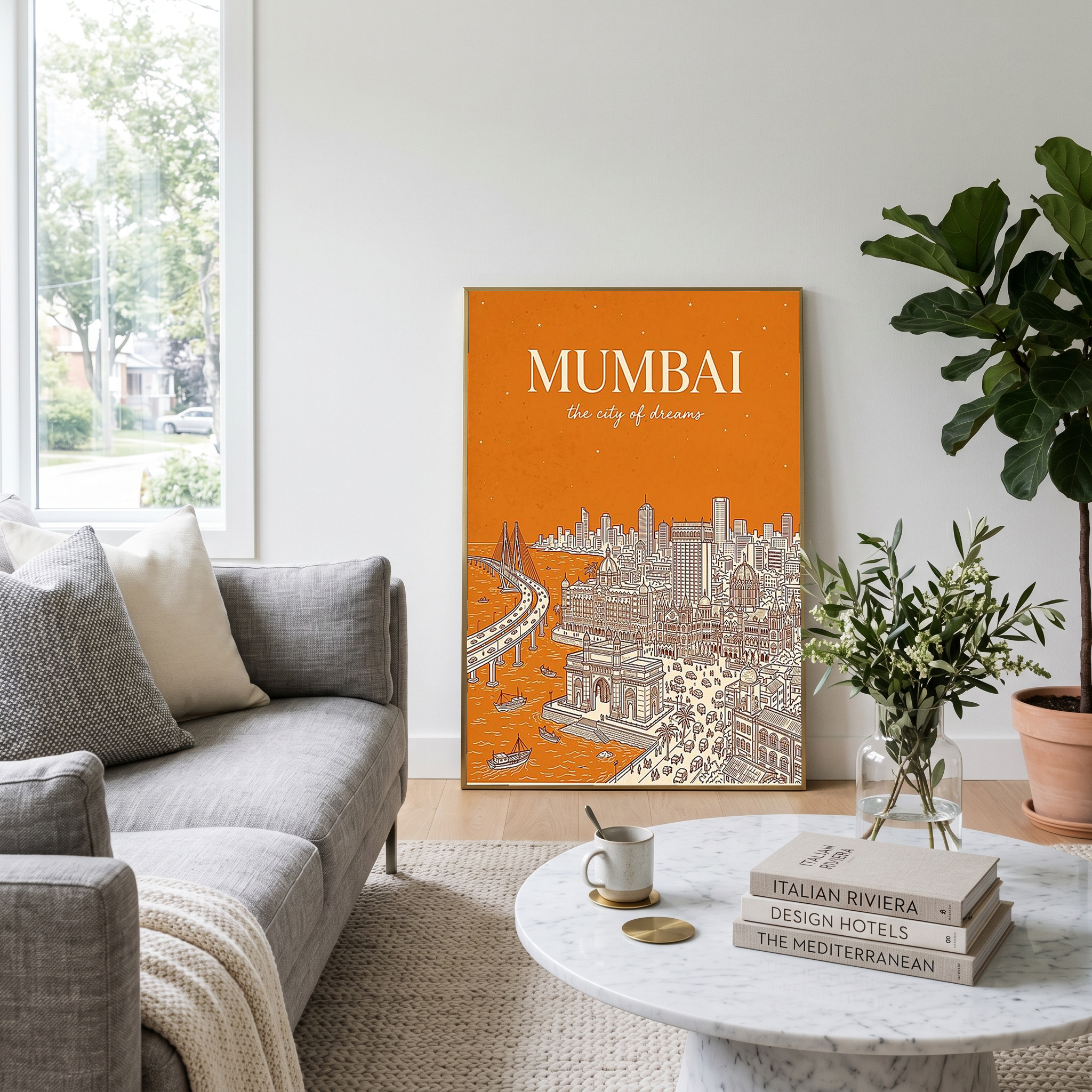 Mumbai Line Art Print — Saffron Gateway of India Marine Drive Skyline Wall Art