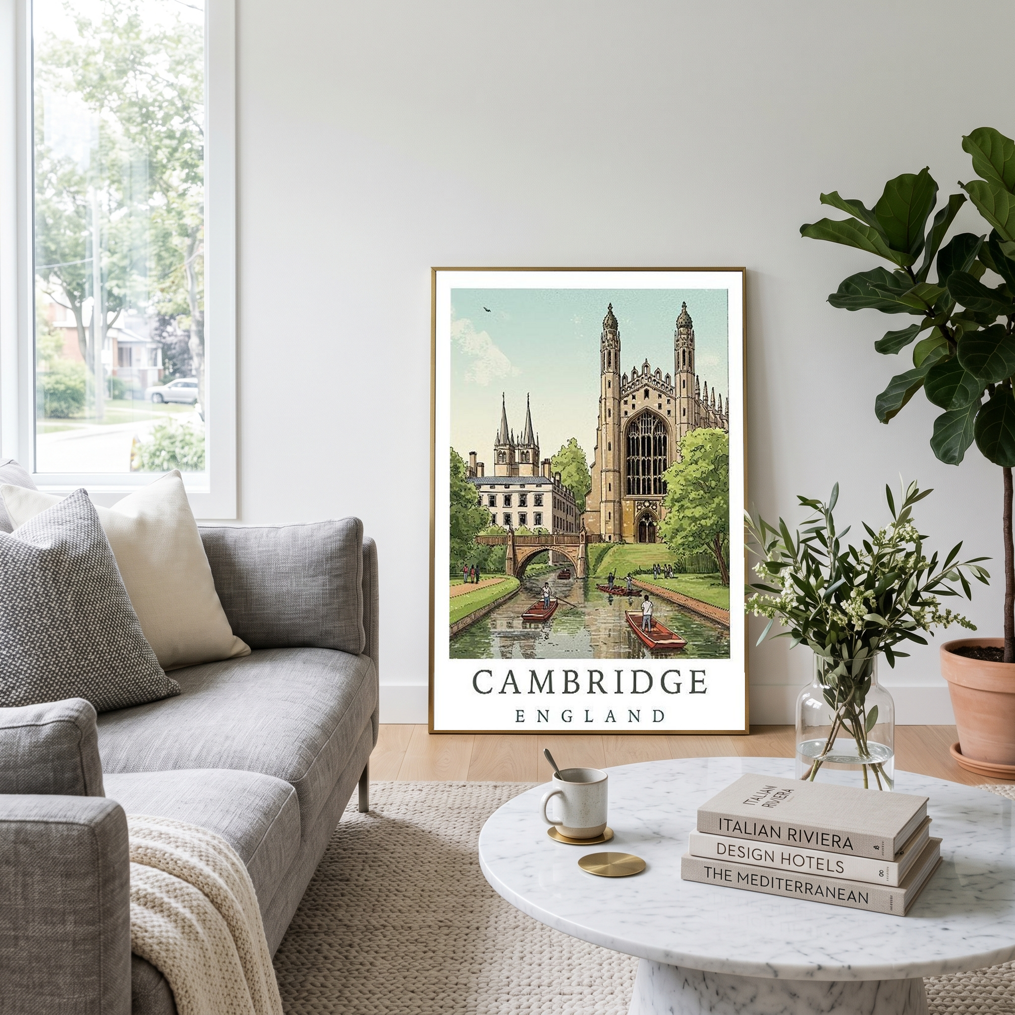 Cambridge England Travel Poster — King's College Punting River Cam Print
