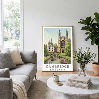 Cambridge England Travel Poster — King's College Punting River Cam Print