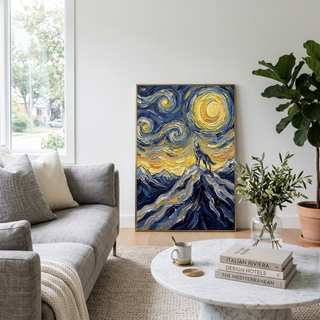 Lone Wolf Howling Mountain Peak Print — Van Gogh Starry Night Wall Art