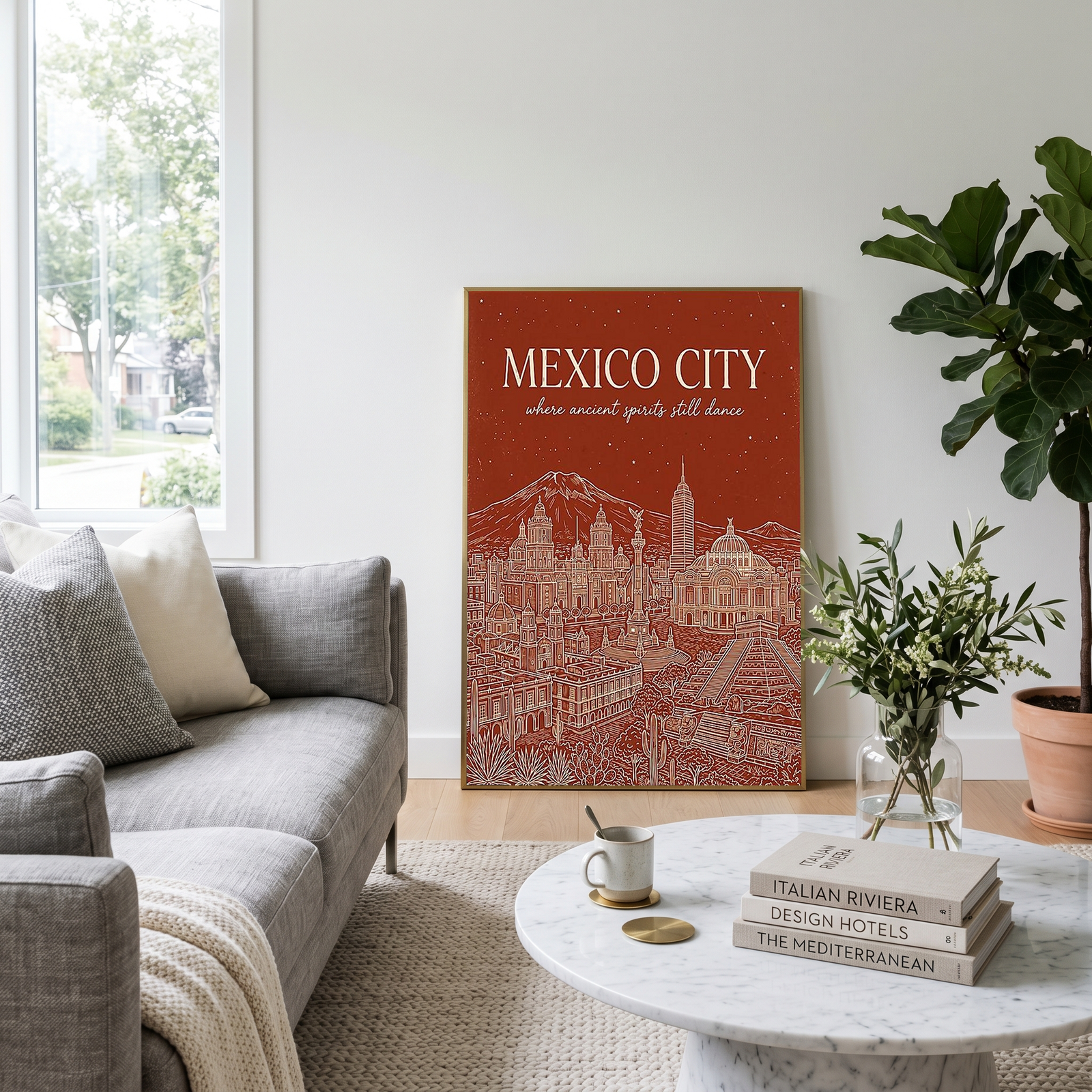 Mexico City Line Art Print — Rust Bellas Artes Templo Mayor Skyline Wall Art