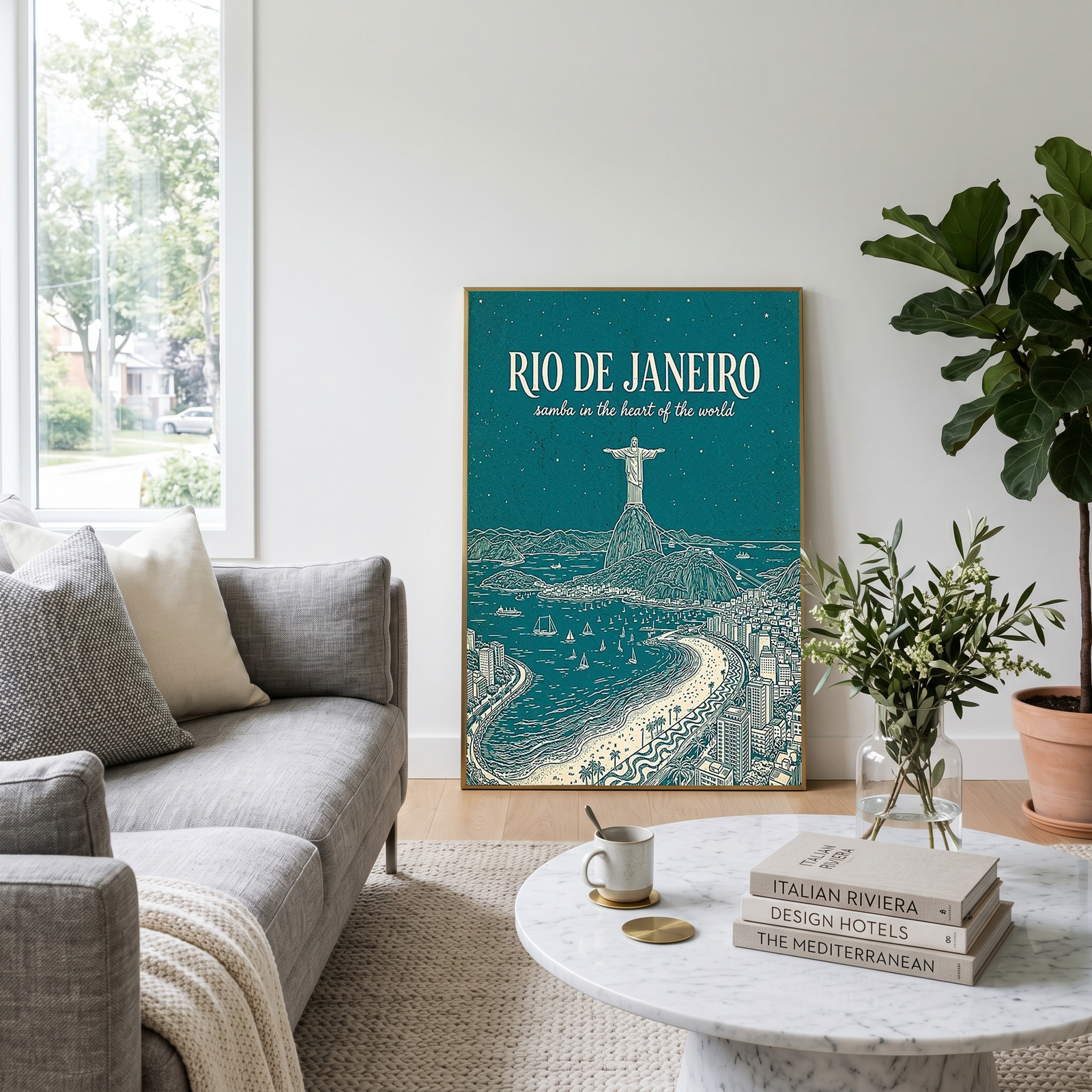 Rio de Janeiro Line Art Print — Teal Christ the Redeemer Copacabana Wall Art