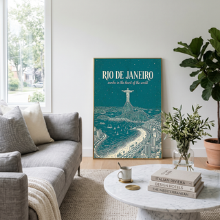 Rio de Janeiro Line Art Print — Teal Christ the Redeemer Copacabana Wall Art