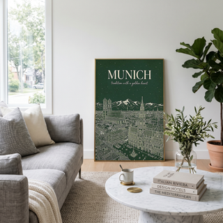 Munich Line Art Print — Forest Green Frauenkirche Marienplatz Skyline Wall Art