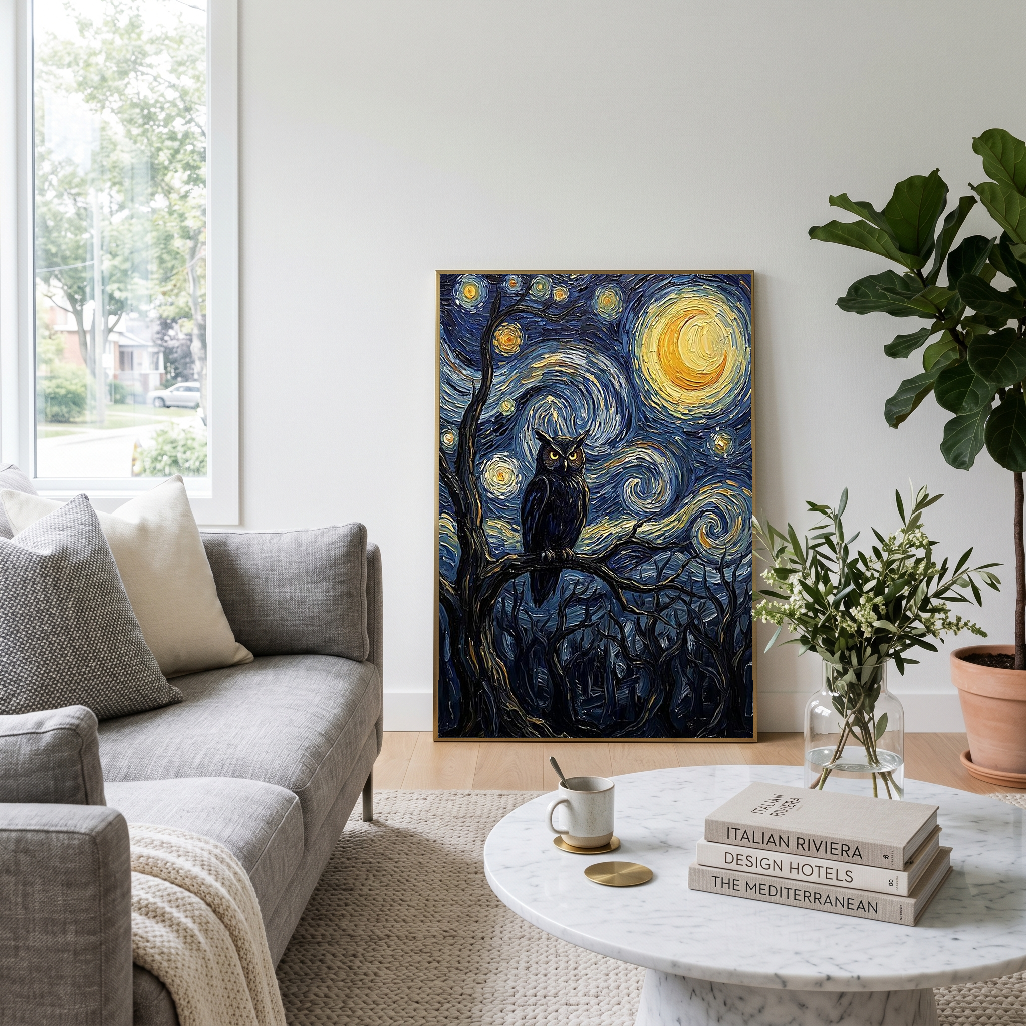 Wise Owl Starry Night Print — Van Gogh-Style Mystical Forest Wall Art