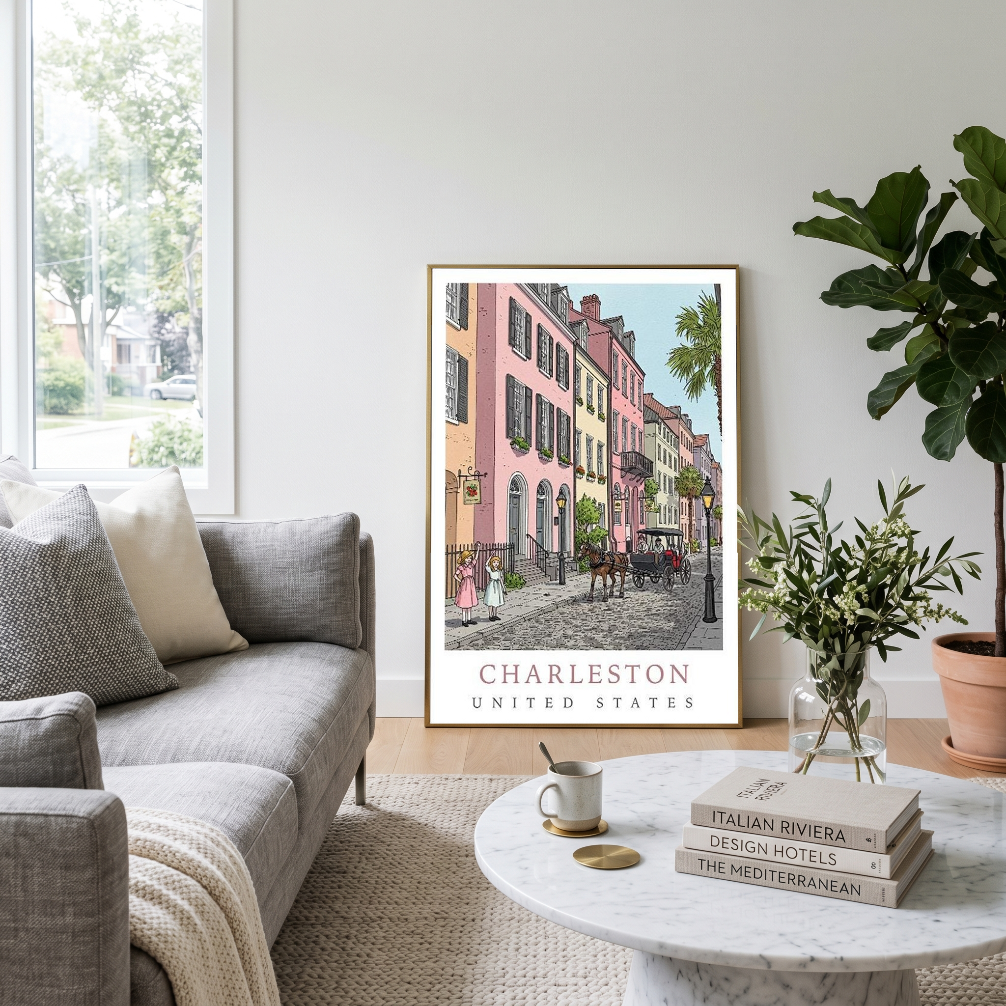 Charleston SC Travel Poster — Rainbow Row Carriage Ride Pastel Print