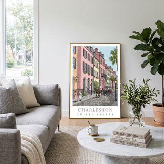 Charleston SC Travel Poster — Rainbow Row Carriage Ride Pastel Print