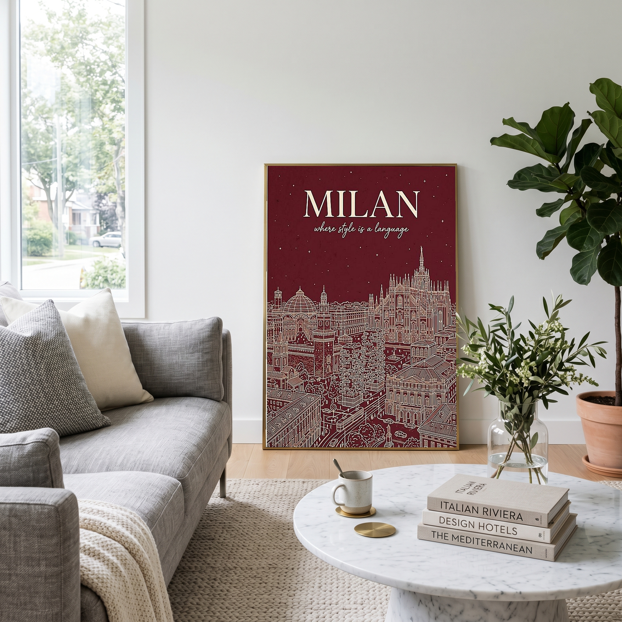 Milan Line Art Print — Wine Red Duomo Skyline Wall Art