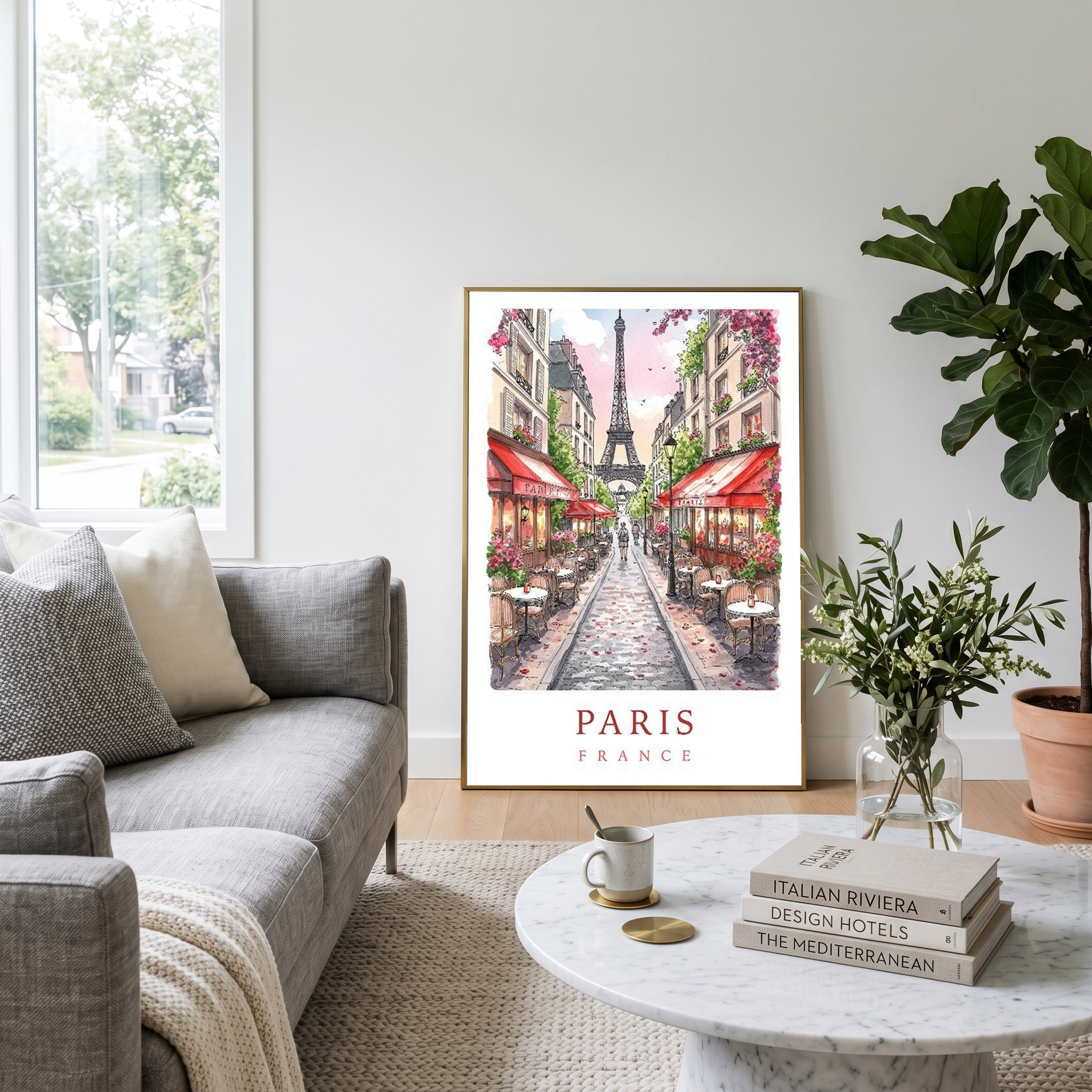 Paris France Travel Poster — Eiffel Tower Street Cafe Print