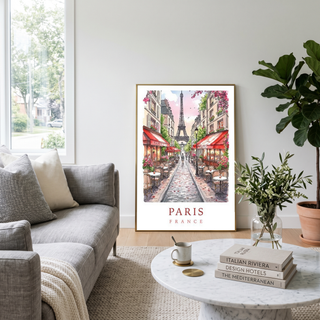 Paris France Travel Poster — Eiffel Tower Street Cafe Print