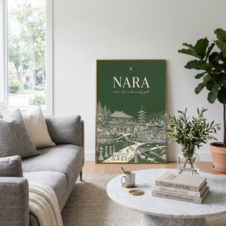 Nara Line Art Print — Forest Green Tōdai-ji Temple Pagoda Deer Wall Art