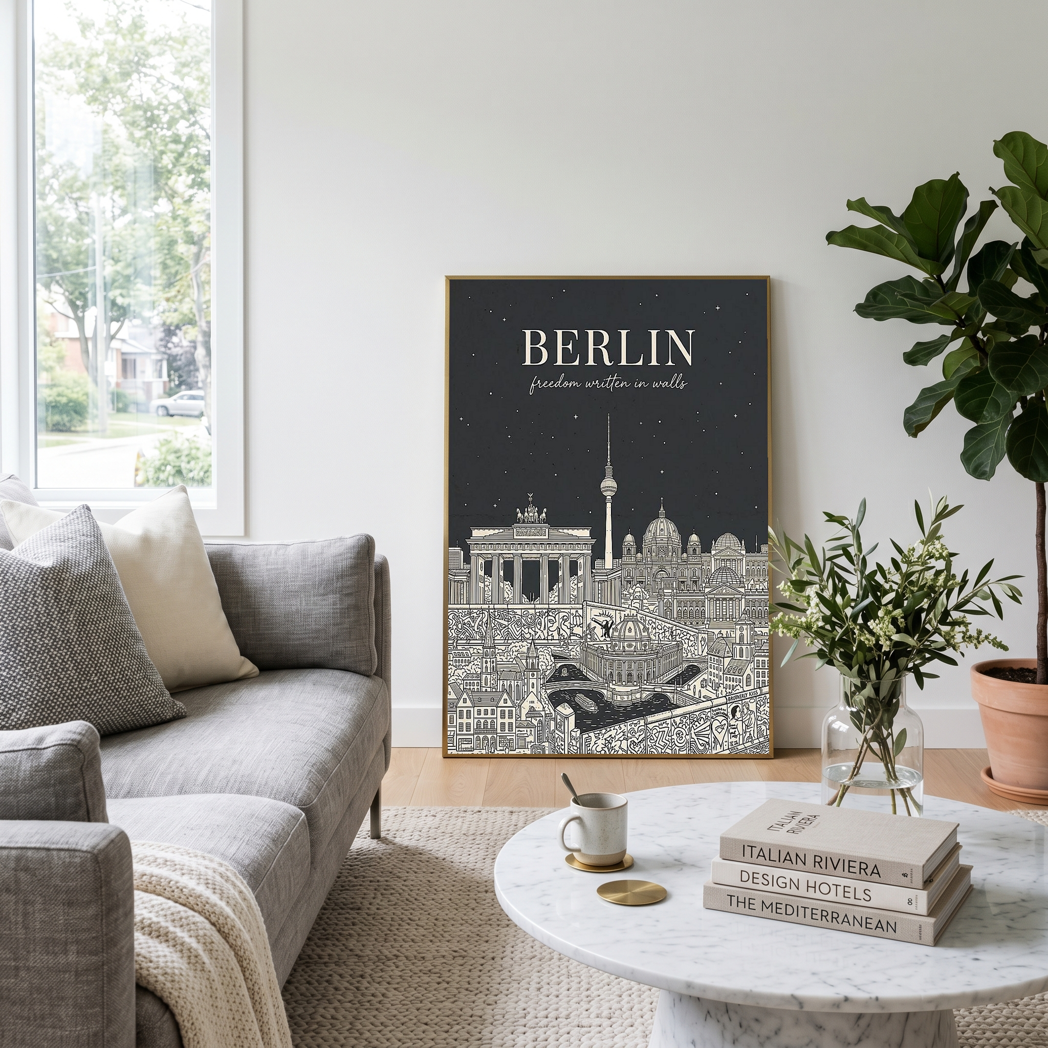 Berlin Line Art Print — Charcoal Brandenburg Gate TV Tower Skyline Wall Art