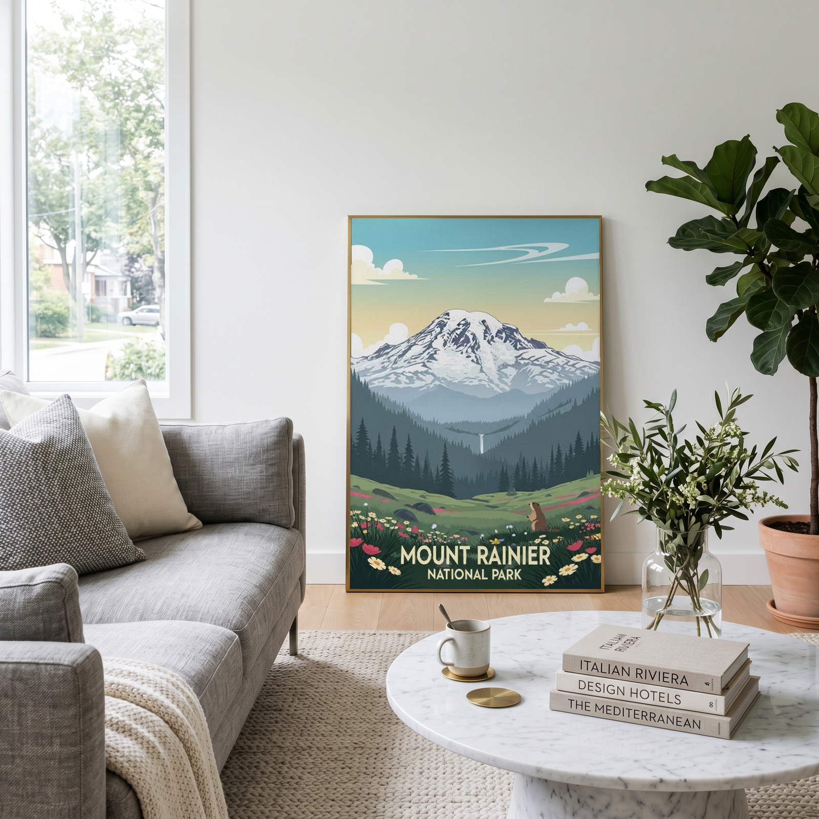 Mount Rainier National Park Poster — Vintage Washington Wildflower Marmot Print
