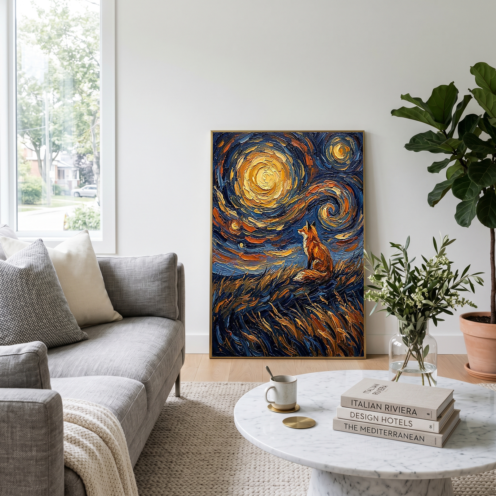 Lone Fox Starry Night Print — Van Gogh-Style Wildlife Hillside Wall Art