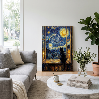 Black Cat Window Print — Van Gogh Starry Night Cozy Cottage Wall Art