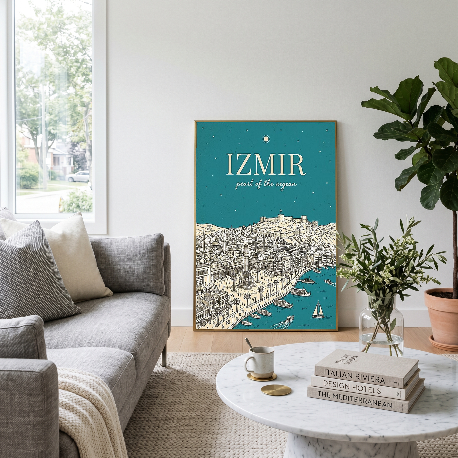 İzmir Line Art Print — Teal Clock Tower Kadifekale Aegean Coast Wall Art
