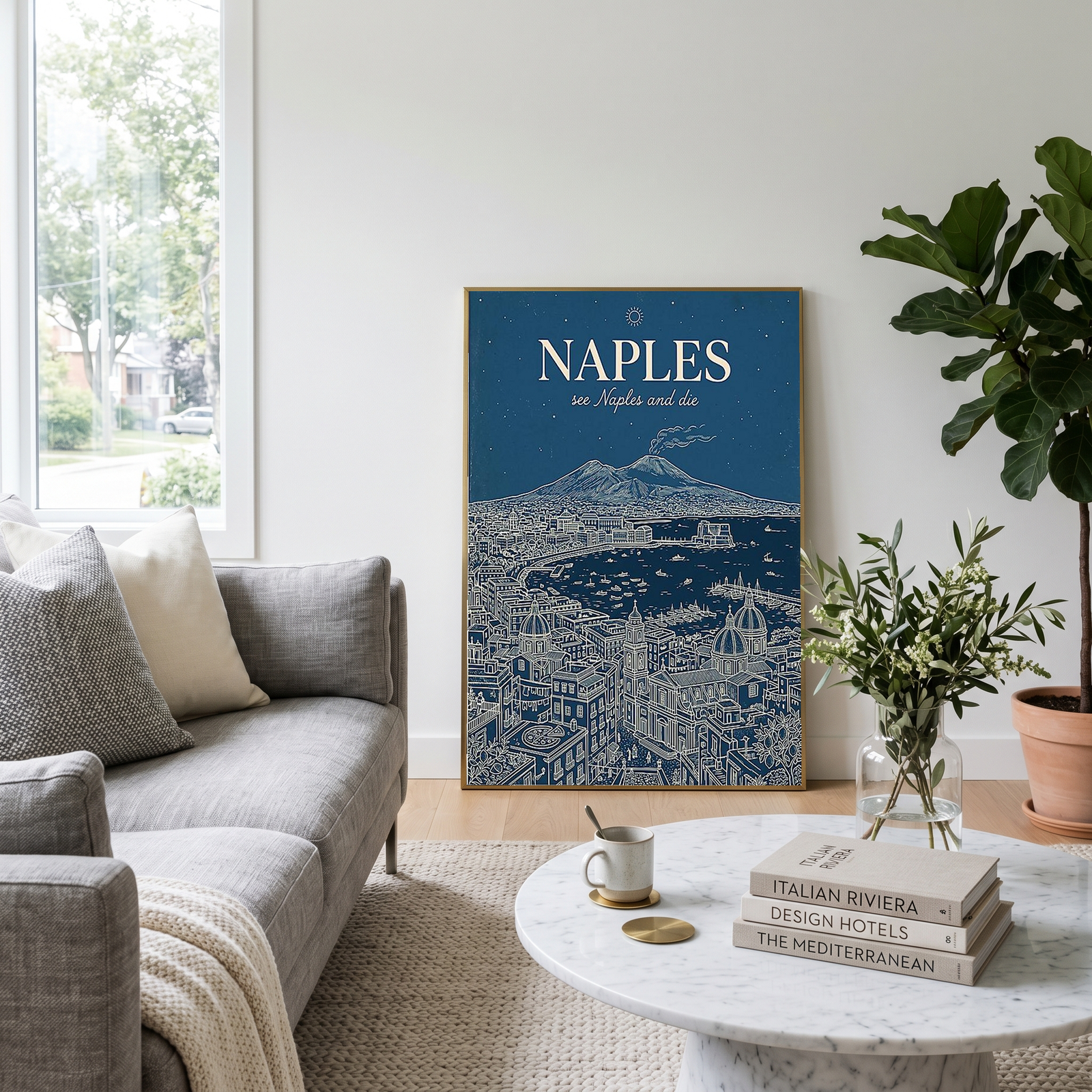 Naples Line Art Print — Navy Mount Vesuvius Bay Skyline Wall Art