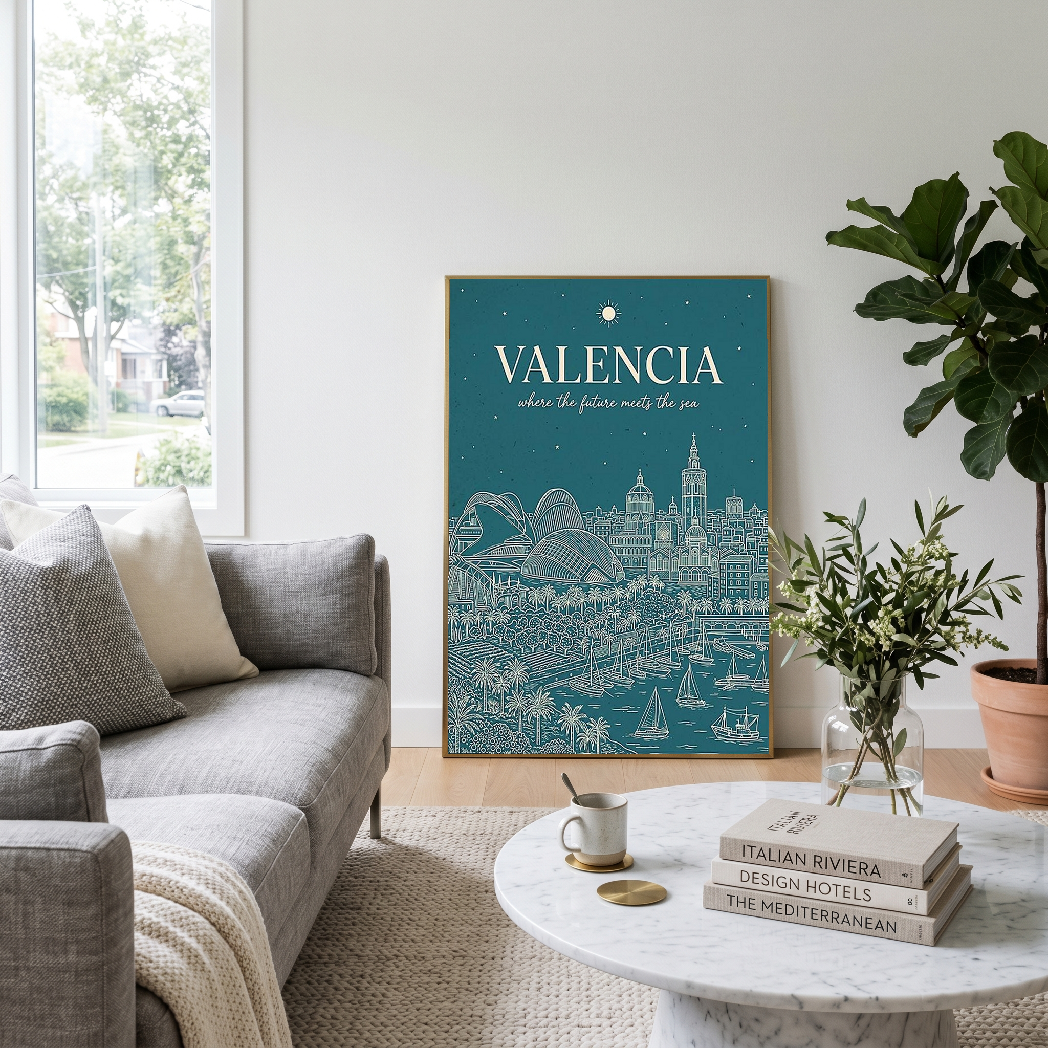 Valencia Line Art Print — Teal City of Arts Sciences Mediterranean Skyline Wall Art