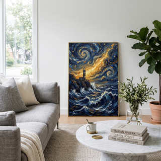 Lighthouse Stormy Sea Print — Van Gogh Starry Night Coastal Wall Art
