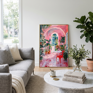 Pink Botanical Archway Painting — Lush Indoor Garden Conservatory Poster