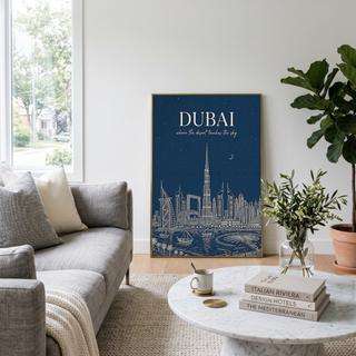 Dubai Line Art Print — Navy Burj Khalifa Skyline Wall Art