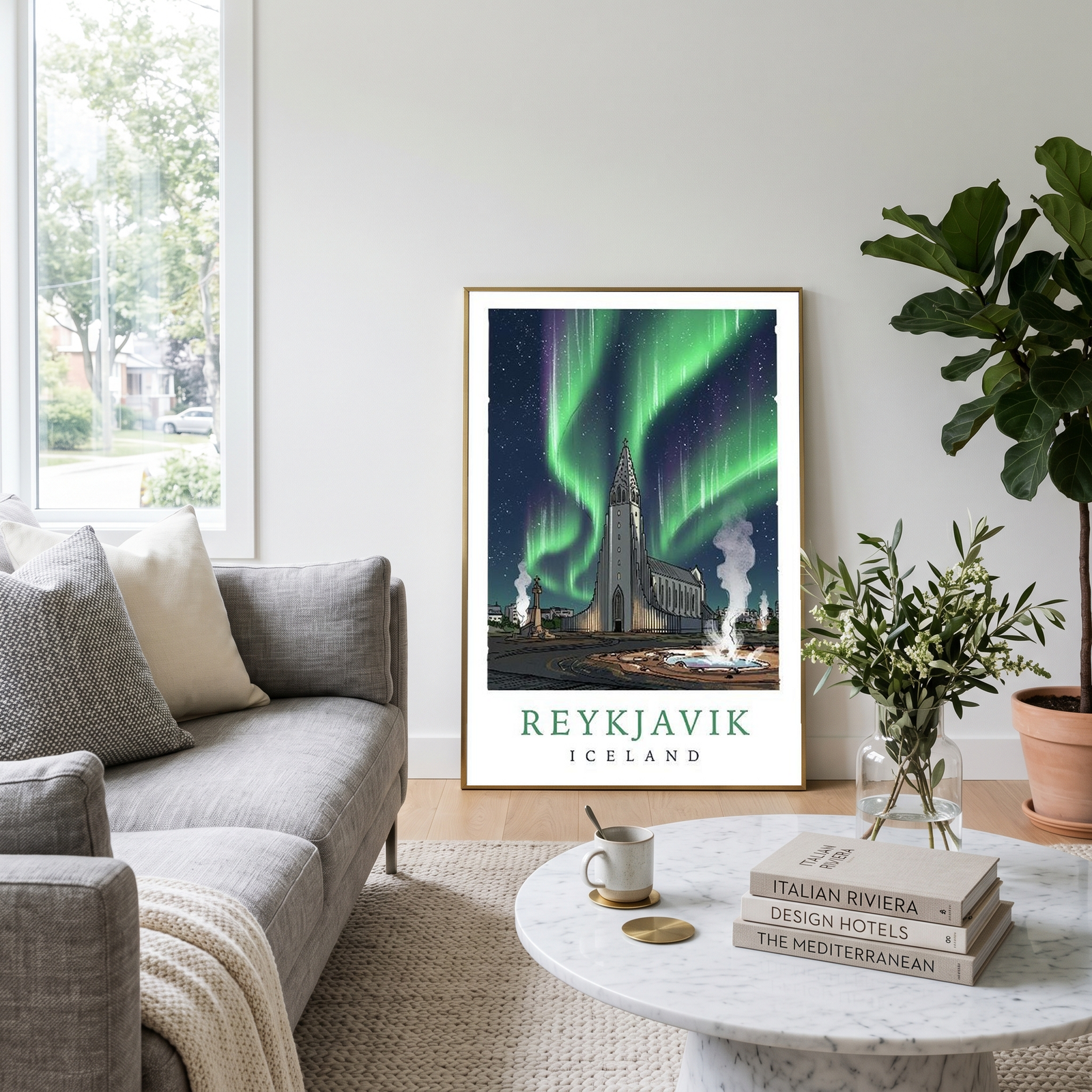 Reykjavik Iceland Travel Poster — Hallgrímskirkja Northern Lights Print