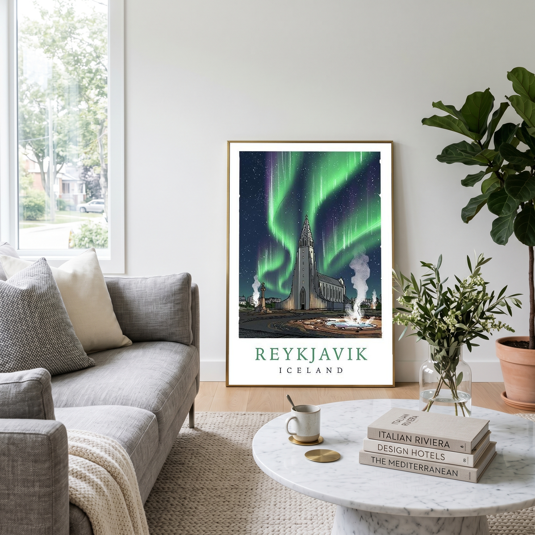 Reykjavik Iceland Travel Poster — Hallgrímskirkja Northern Lights Print