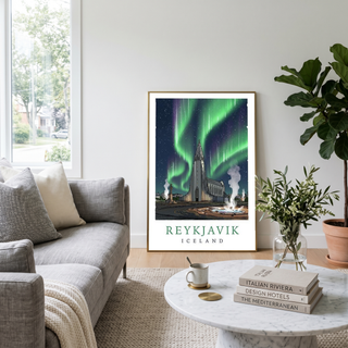 Reykjavik Iceland Travel Poster — Hallgrímskirkja Northern Lights Print