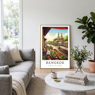 Bangkok Thailand Travel Poster — Floating Market Wat Arun Print