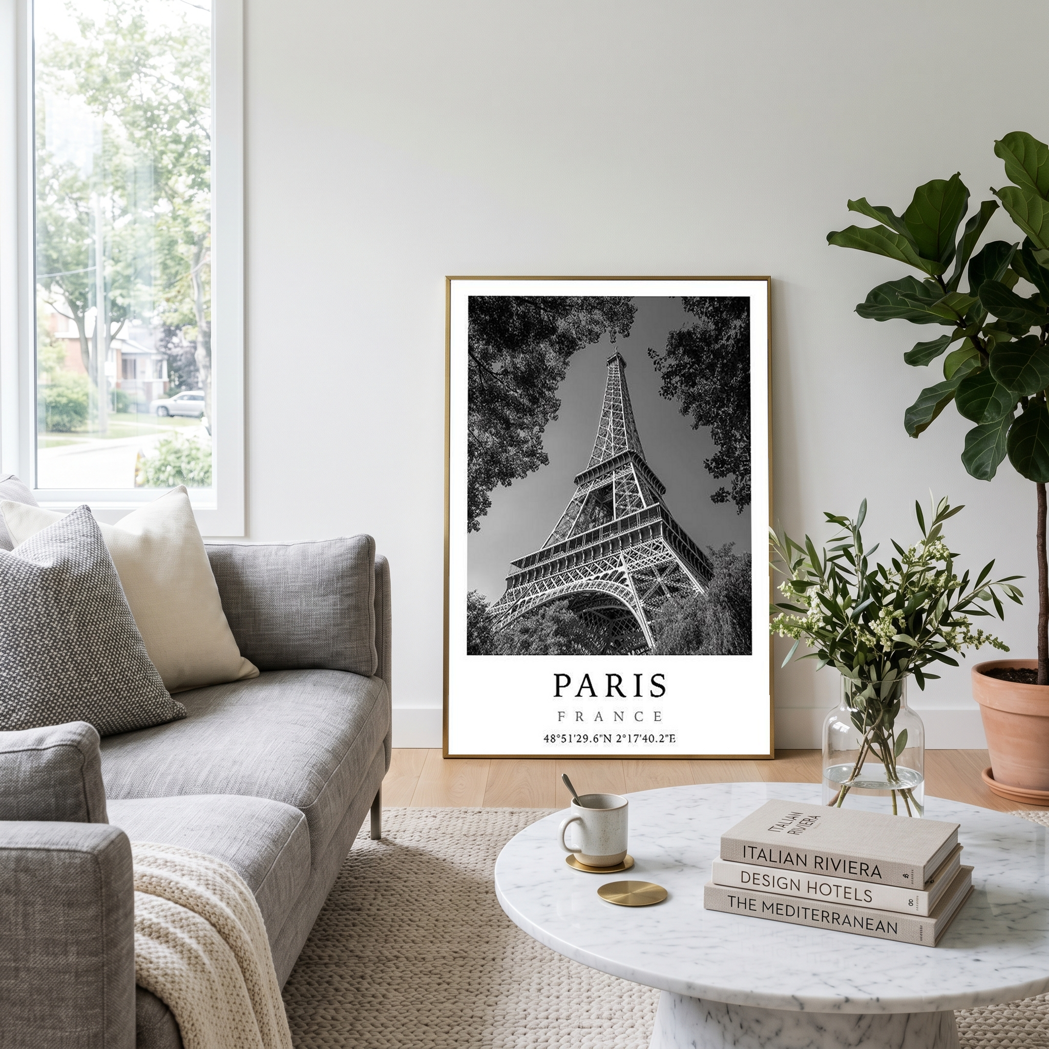 Paris Eiffel Tower Poster — Black and White France Coordinates Print