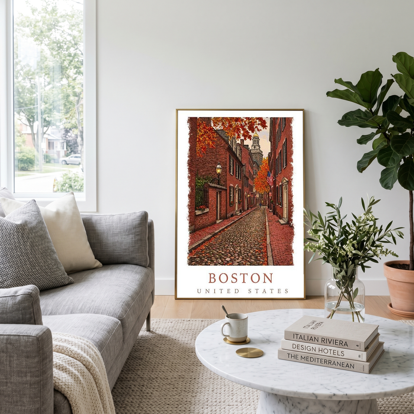 Boston USA Travel Poster — Acorn Street Beacon Hill Fall Foliage Print