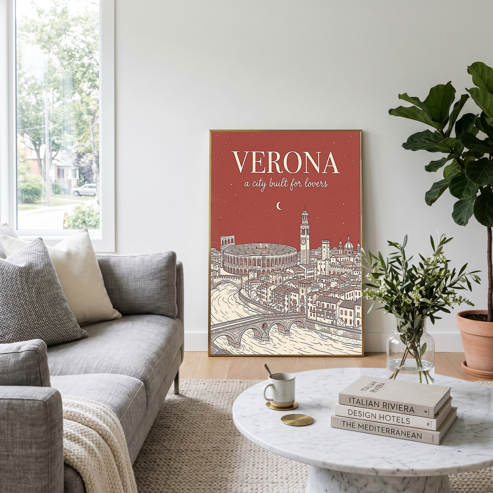 Verona Line Art Print — Rust Arena Ponte Pietra Skyline Wall Art