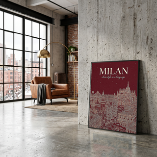 Milan Line Art Print — Wine Red Duomo Skyline Wall Art
