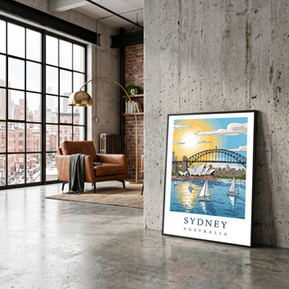 Sydney Australia Travel Poster — Opera House Harbour Bridge Sailboat Print