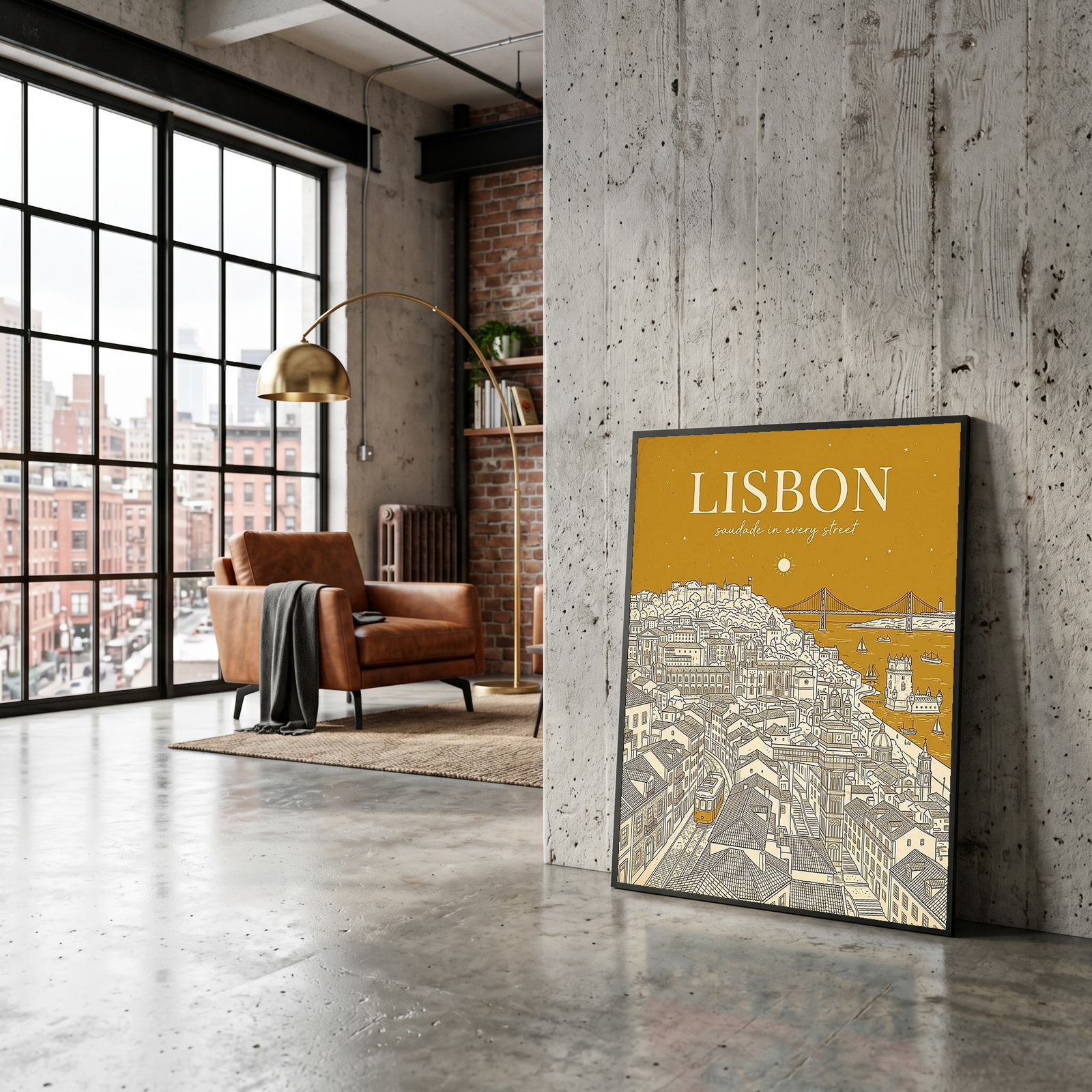 Lisbon Line Art Print — Mustard Yellow Tram Belém Tower Skyline Wall Art