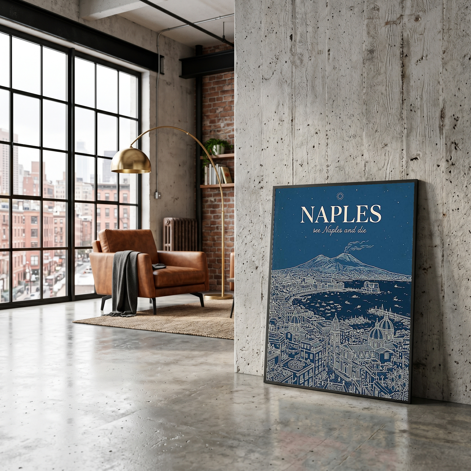Naples Line Art Print — Navy Mount Vesuvius Bay Skyline Wall Art