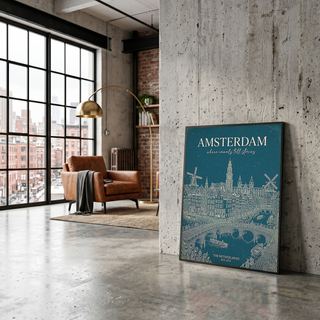 Amsterdam Line Art Print — Teal Canal Windmill Skyline Wall Art