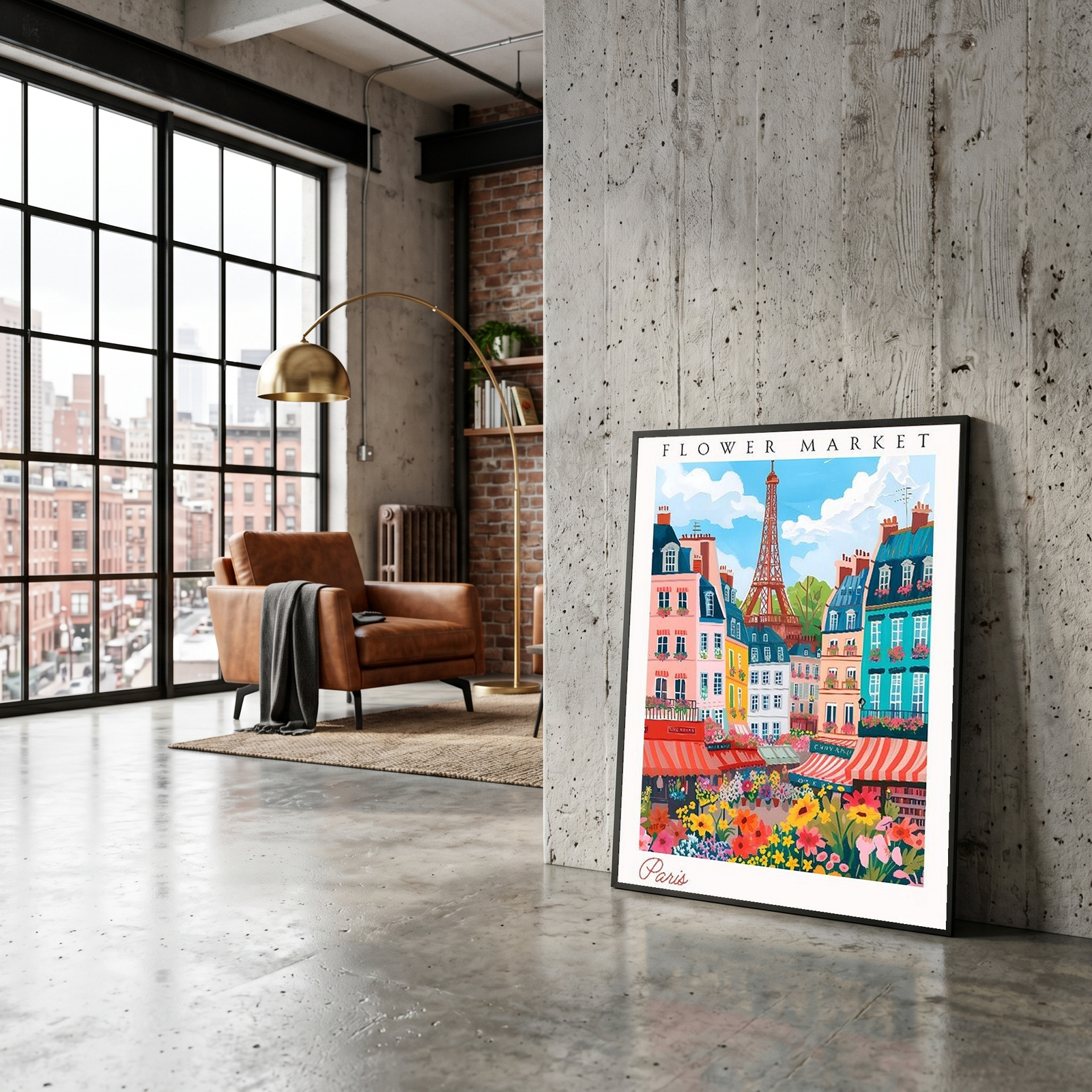 Paris Flower Market Print — Eiffel Tower Cityscape French Botanical Art