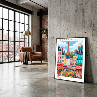 Paris Flower Market Print — Eiffel Tower Cityscape French Botanical Art