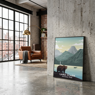 Lake Clark National Park Poster — Vintage Alaska Brown Bear Floatplane Print