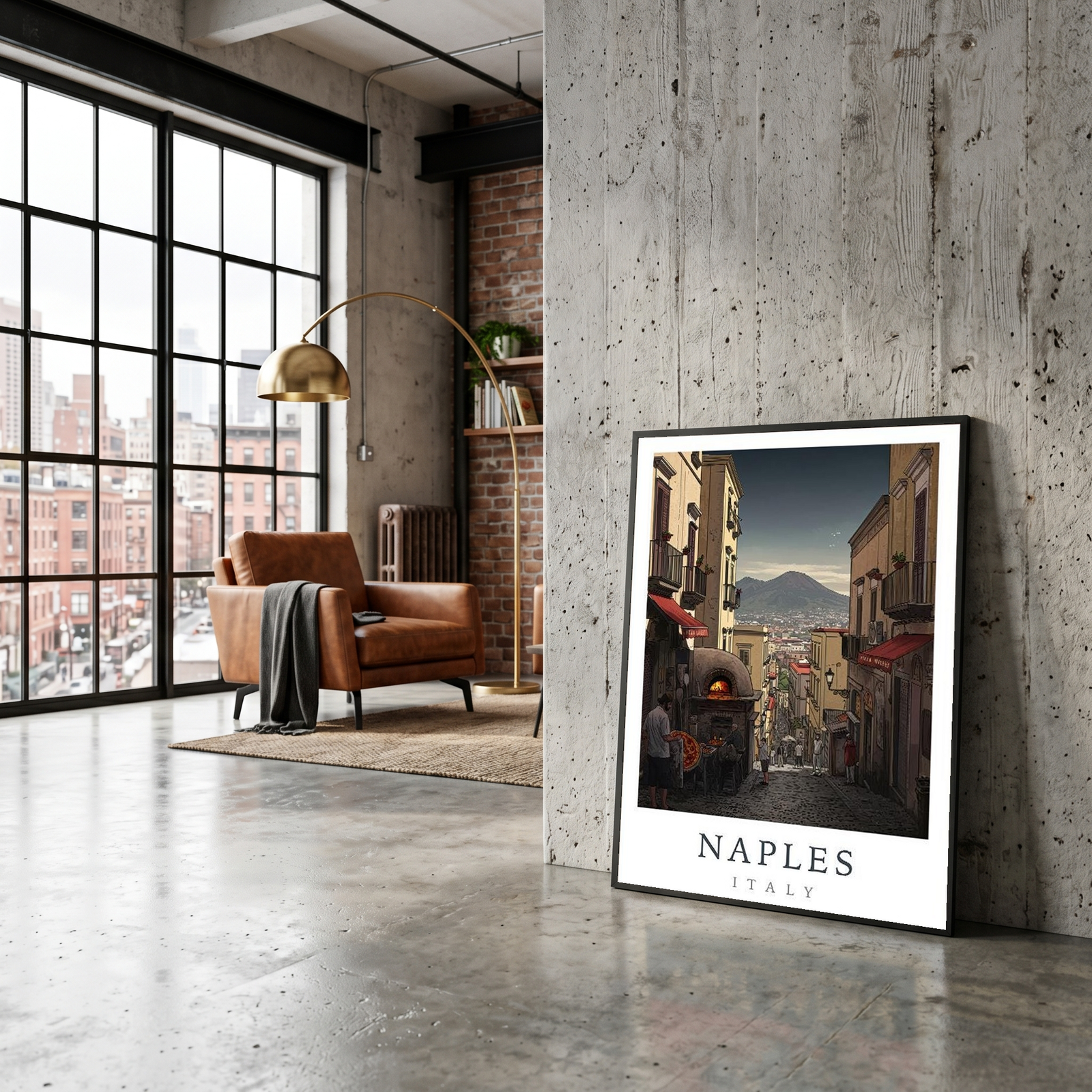 Naples Italy Travel Poster — Vesuvius Pizza Street Scene Print