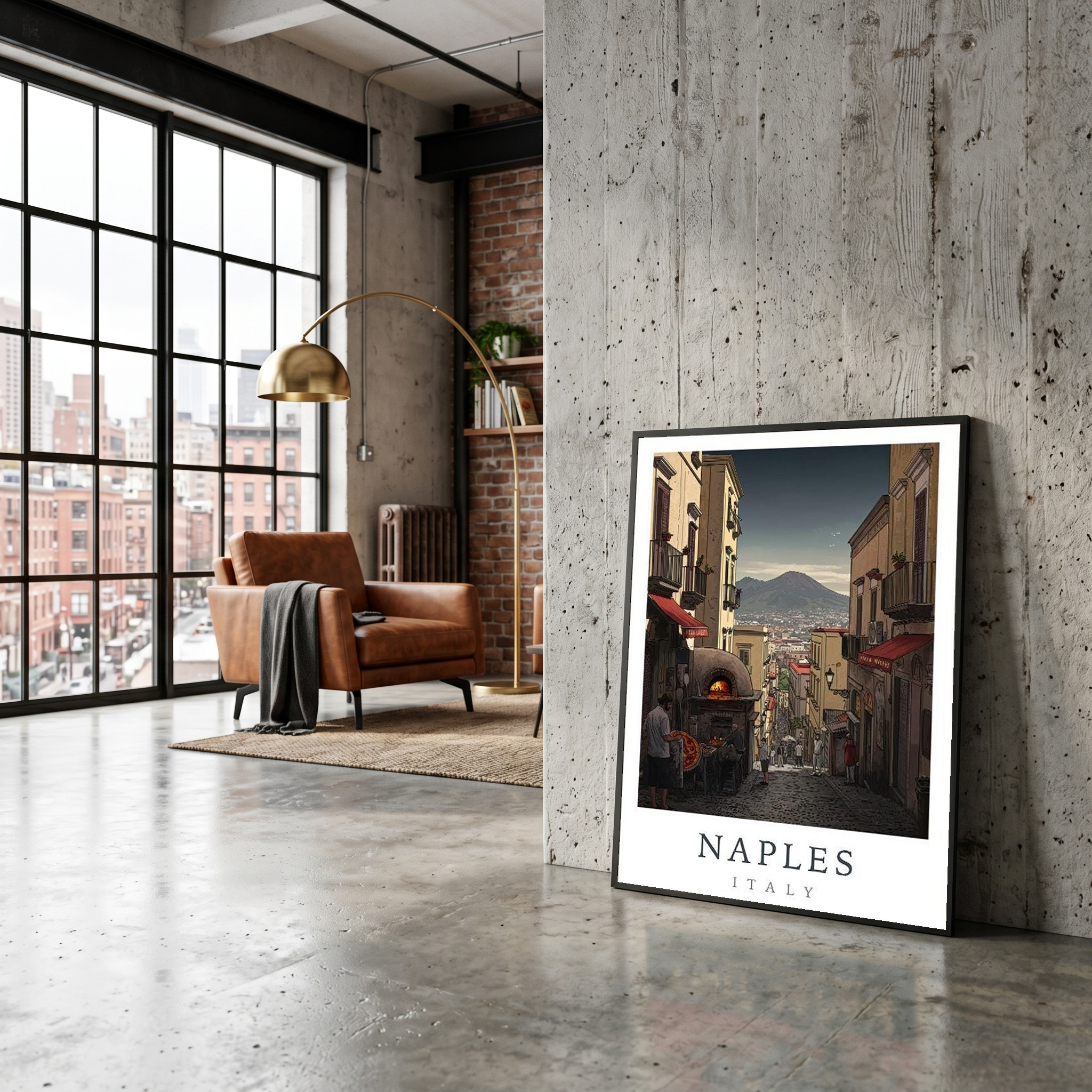 Naples Italy Travel Poster — Vesuvius Pizza Street Scene Print