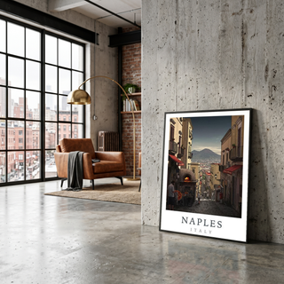 Naples Italy Travel Poster — Vesuvius Pizza Street Scene Print
