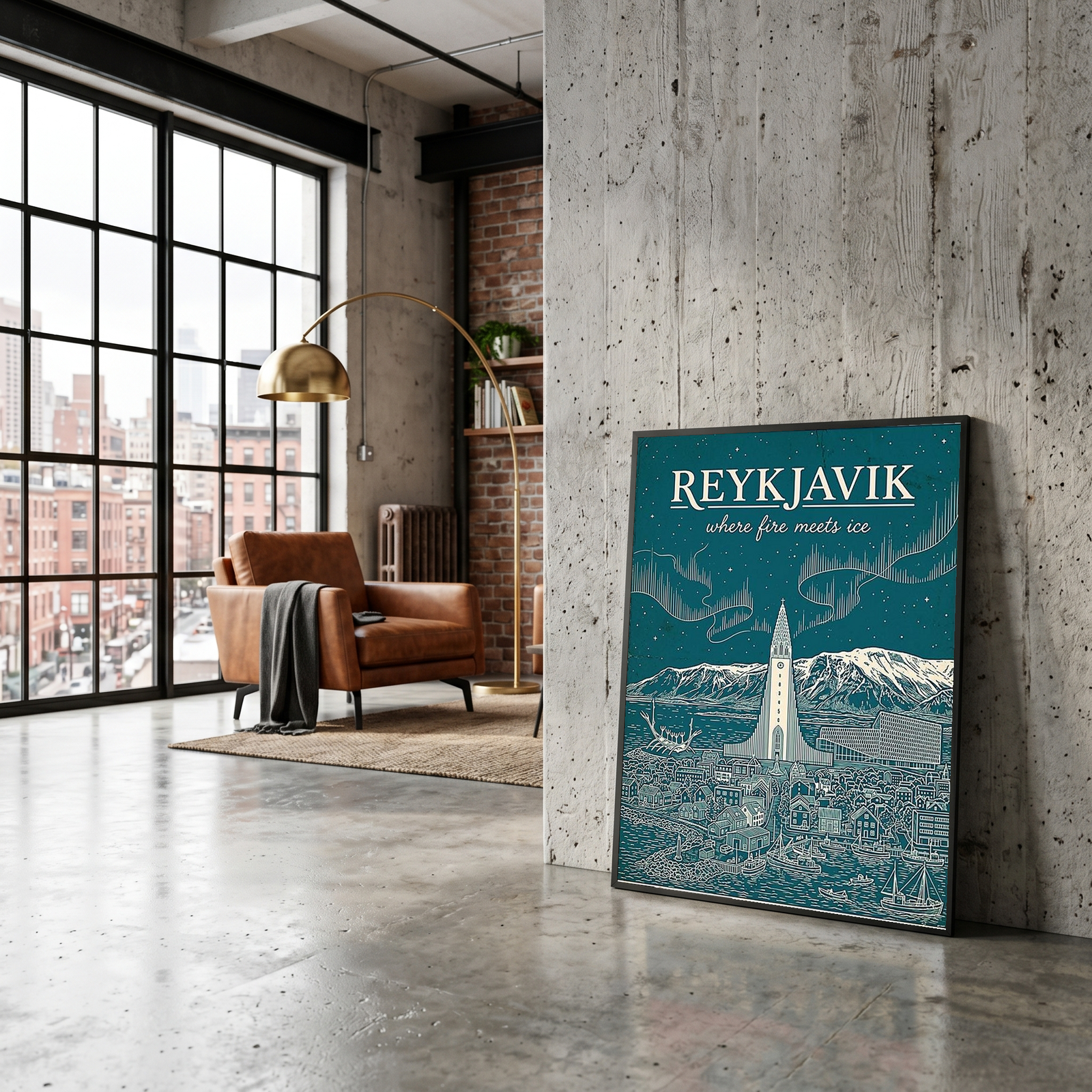 Reykjavik Line Art Print — Teal Hallgrímskirkja Aurora Skyline Wall Art