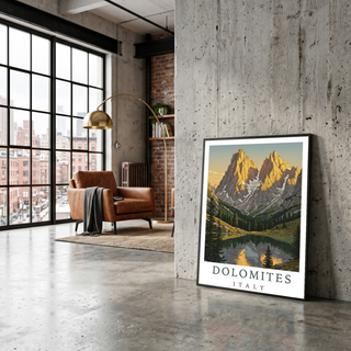 Dolomites Italy Travel Poster — Vintage Alpine Mountain Lake Print
