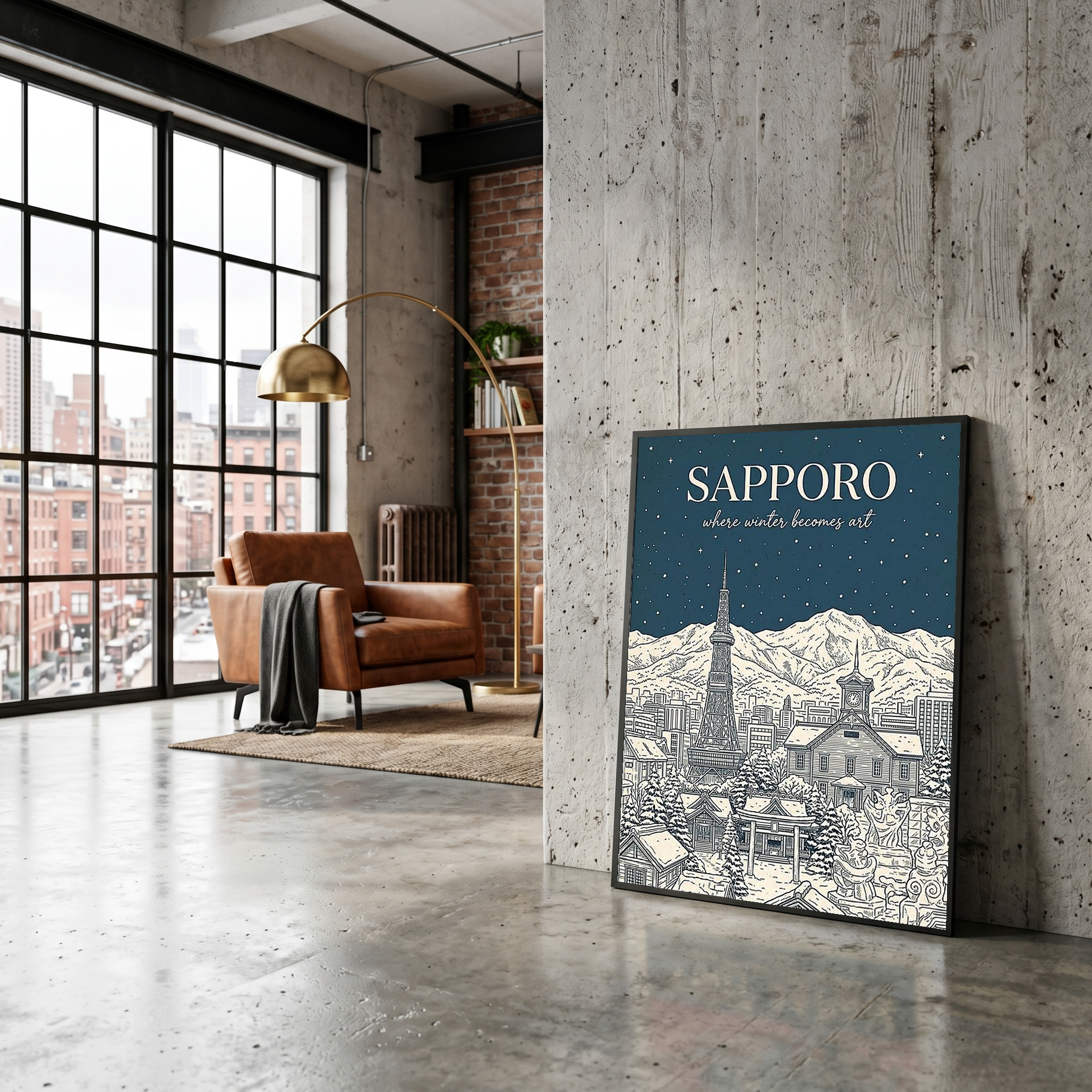 Sapporo Line Art Print — Steel Blue Snow Festival TV Tower Wall Art