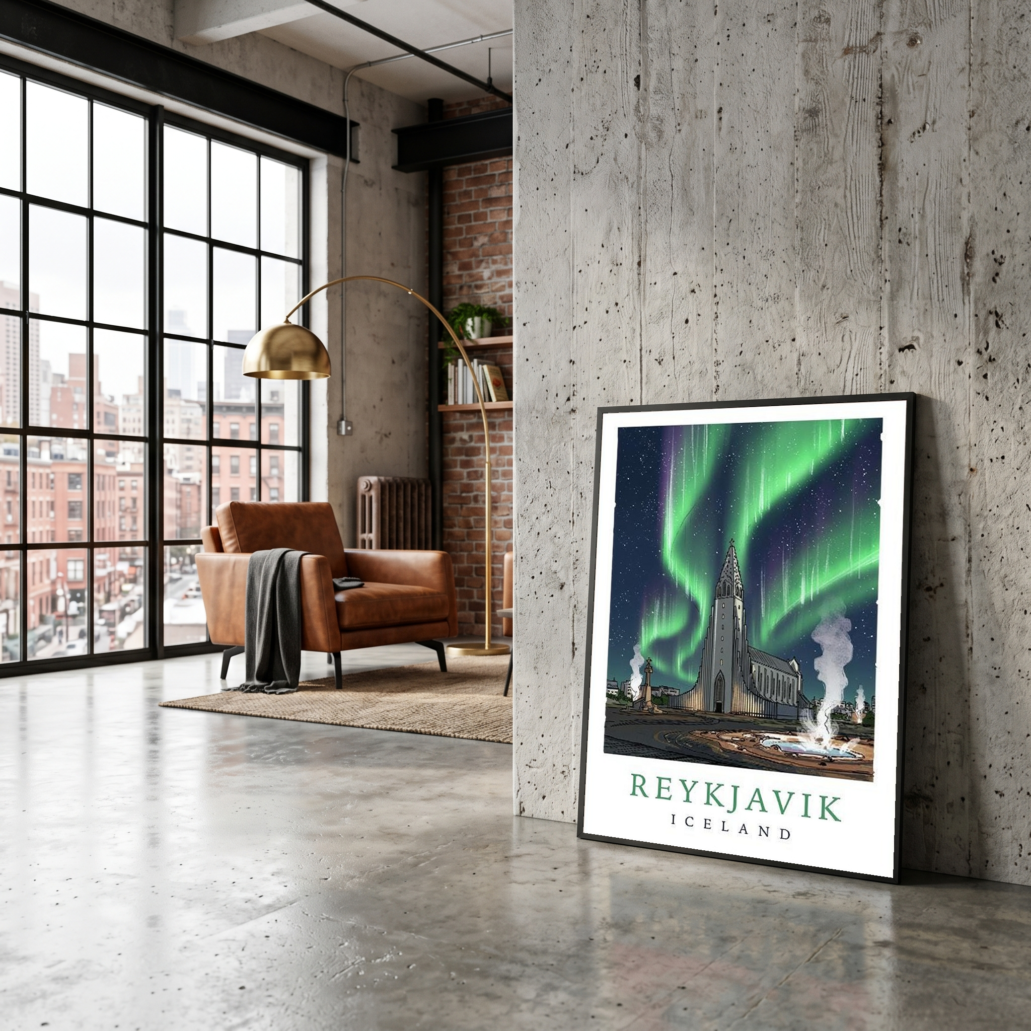Reykjavik Iceland Travel Poster — Hallgrímskirkja Northern Lights Print