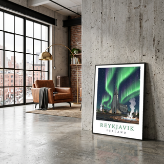 Reykjavik Iceland Travel Poster — Hallgrímskirkja Northern Lights Print
