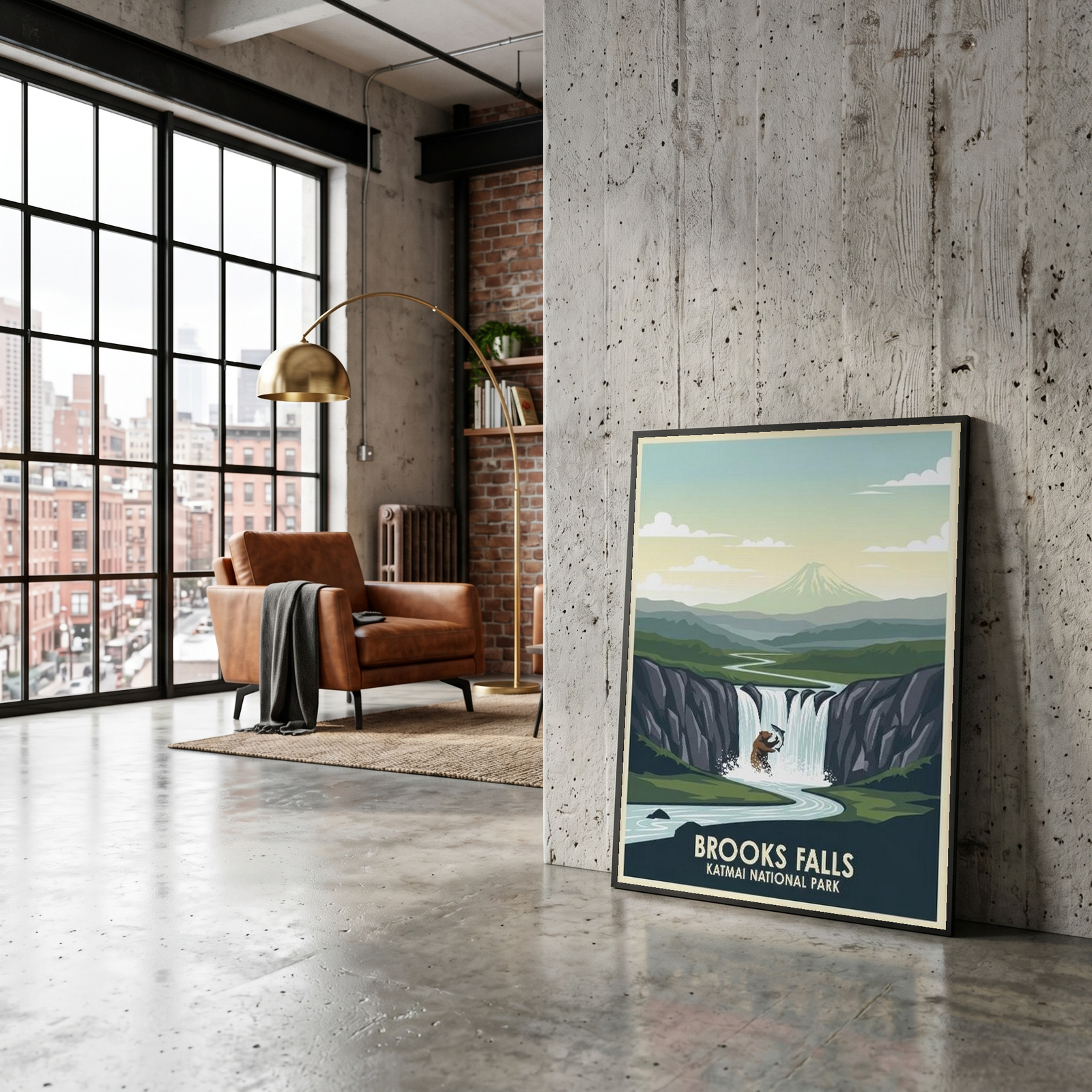 Katmai National Park Poster — Vintage Alaska Brooks Falls Brown Bear Salmon Print