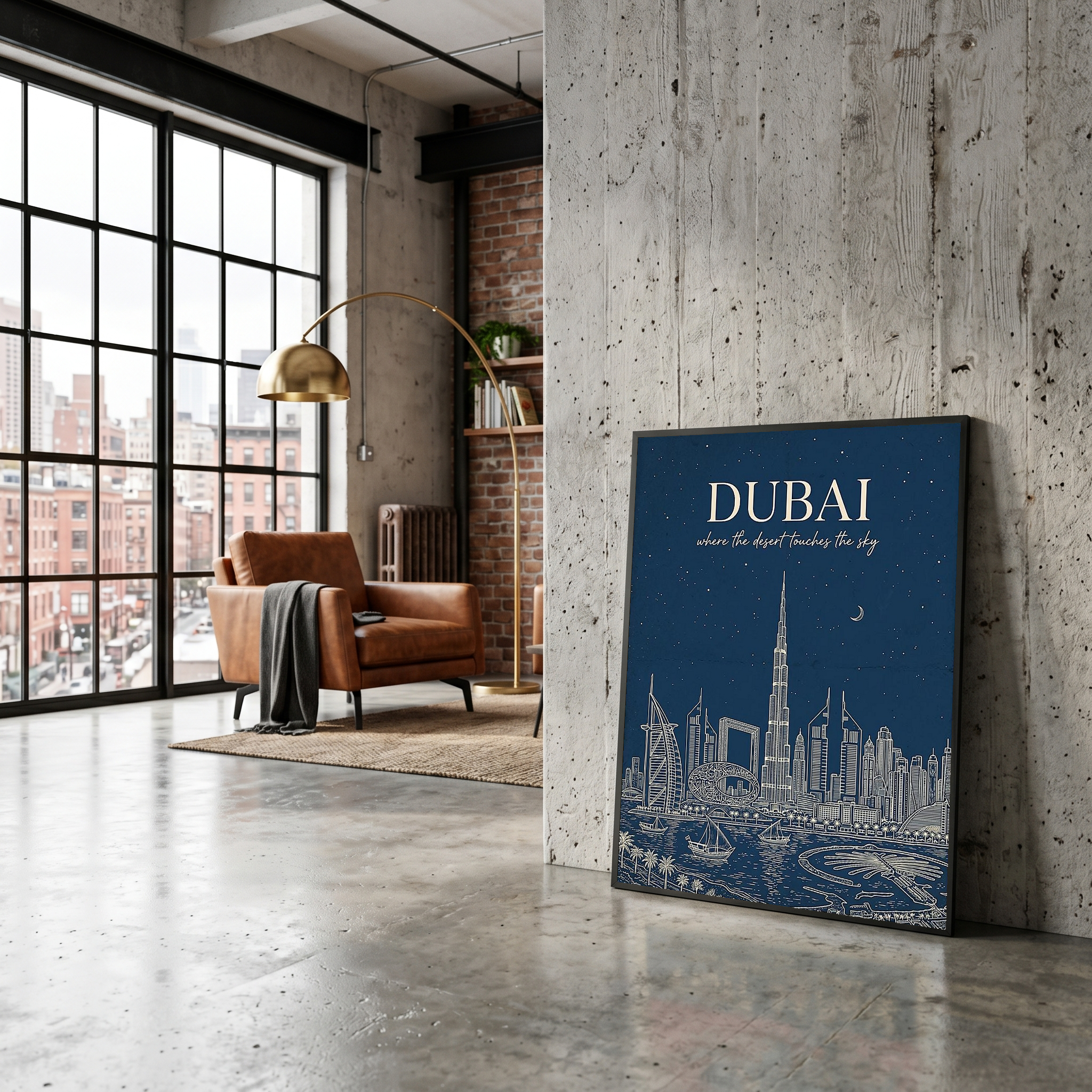 Dubai Line Art Print — Navy Burj Khalifa Skyline Wall Art